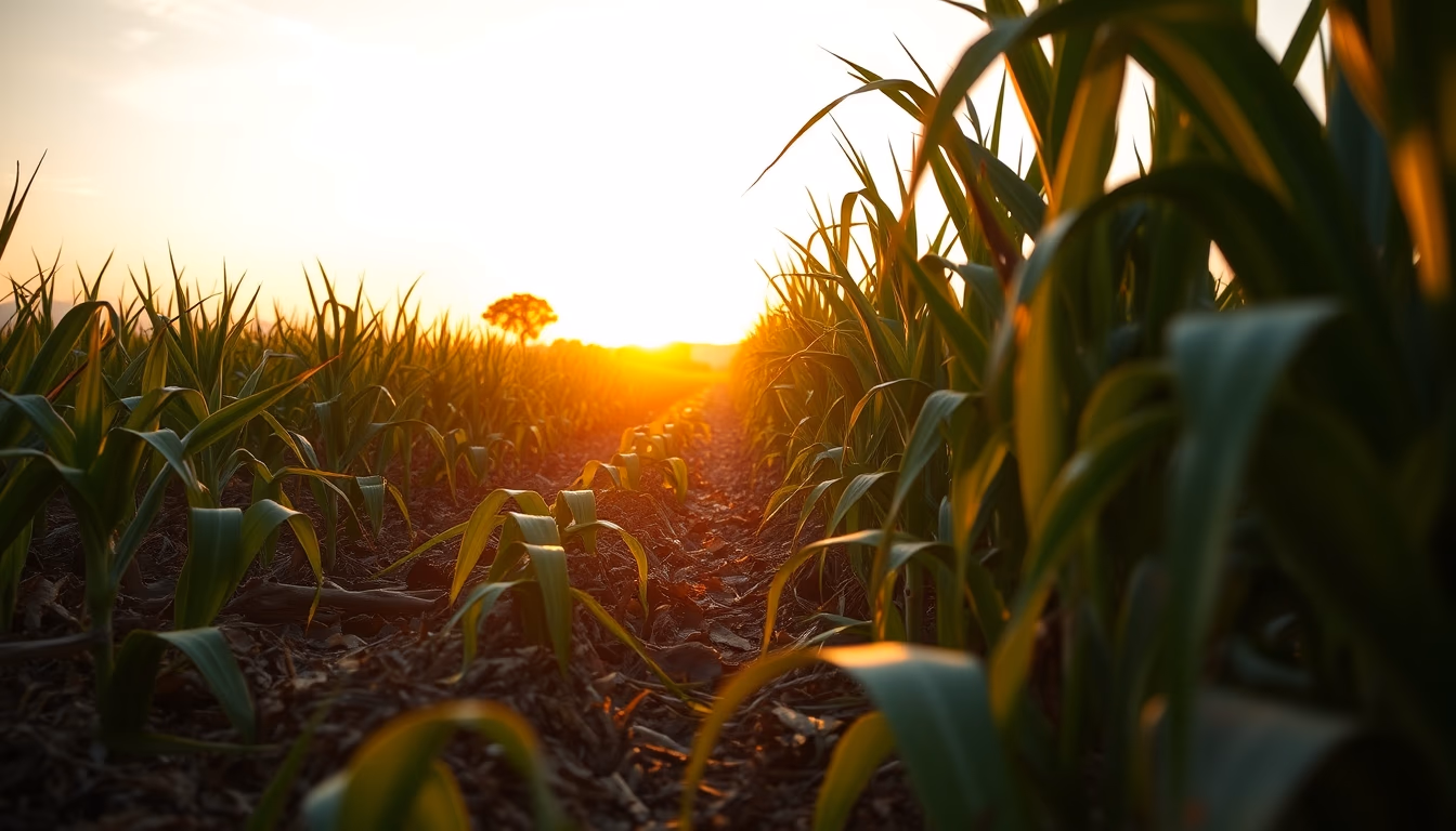sugarcane field with controlled burn at sunset in countryside in editorial style