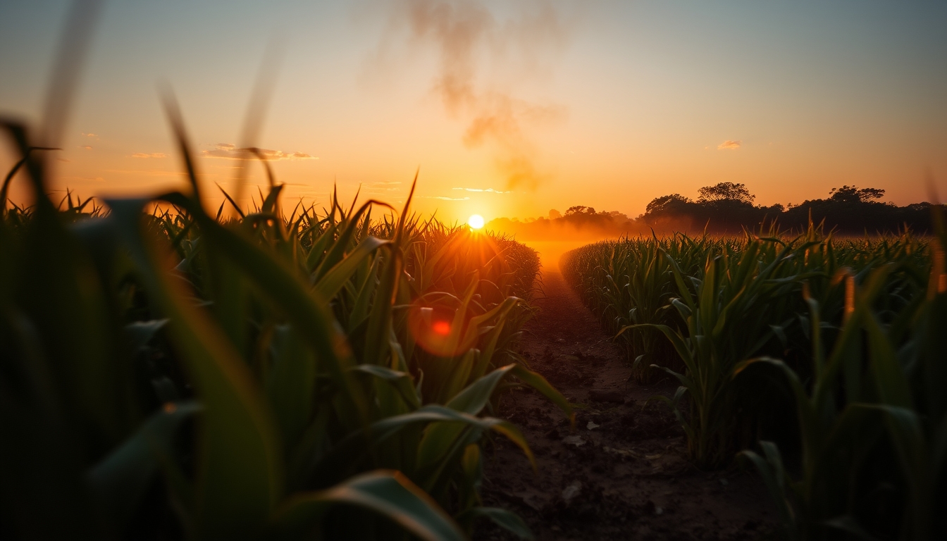 Sugarcane field on fire being controlled at sunset in São Paulo countryside em estilo editorial
