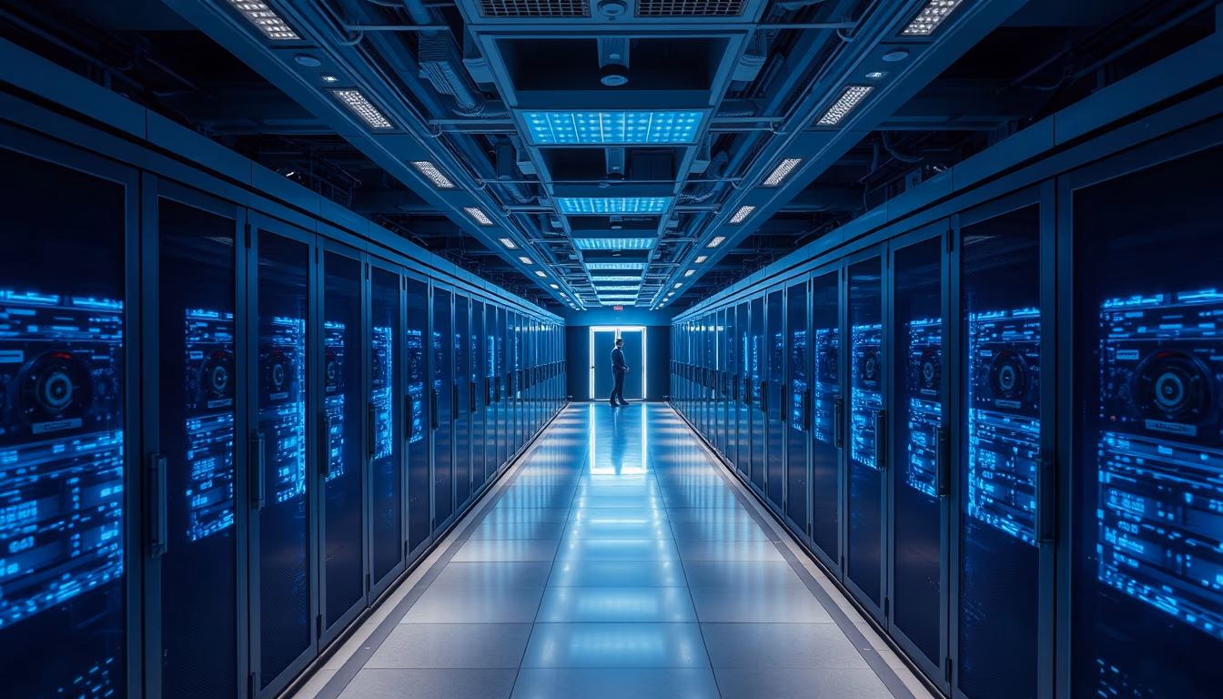 supercomputer hall in editorial style