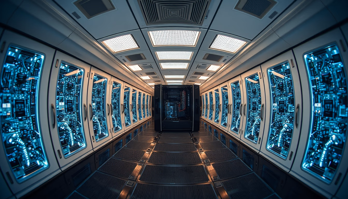 supercomputer hall in editorial style