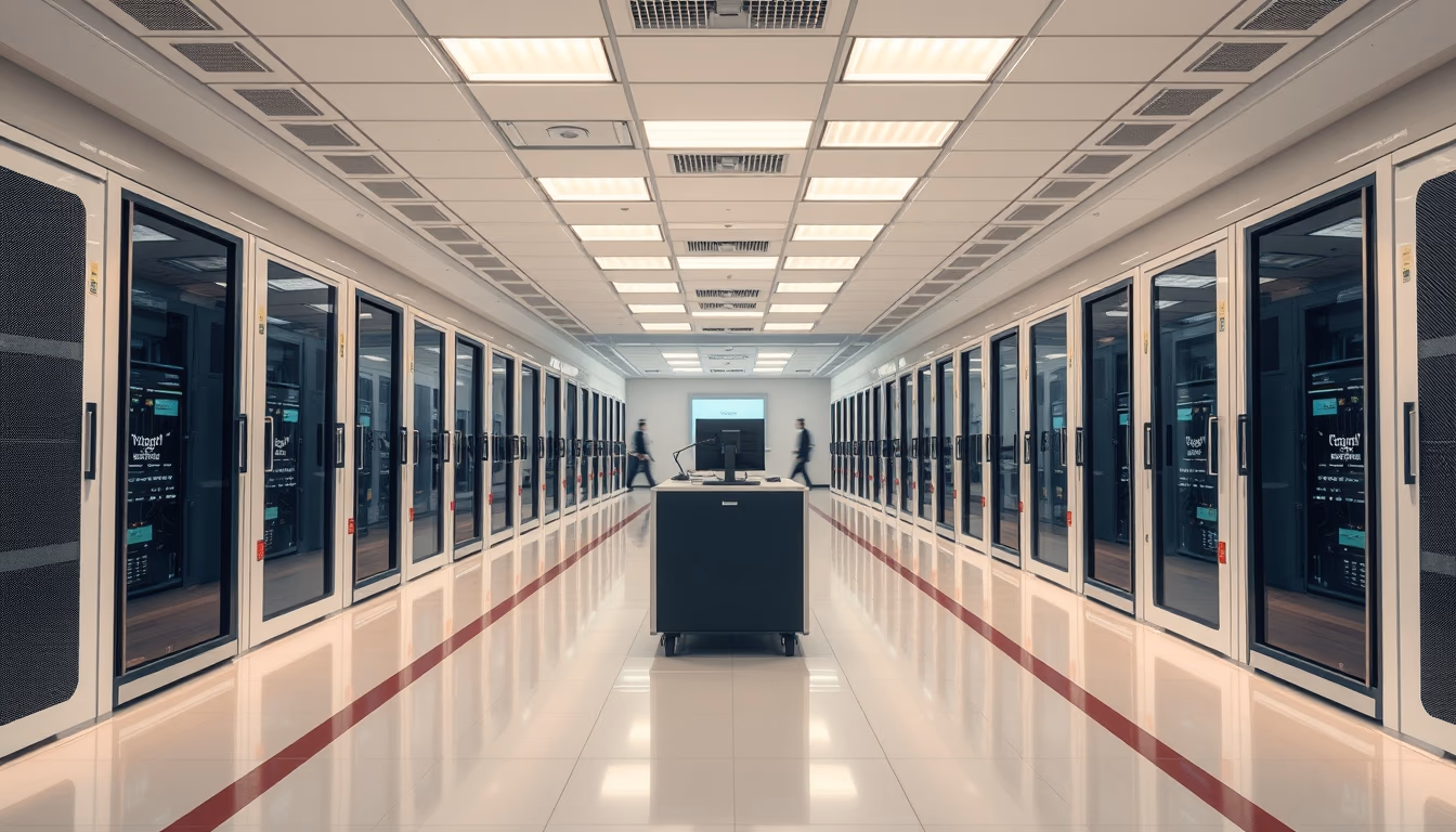 supercomputer hall in editorial style