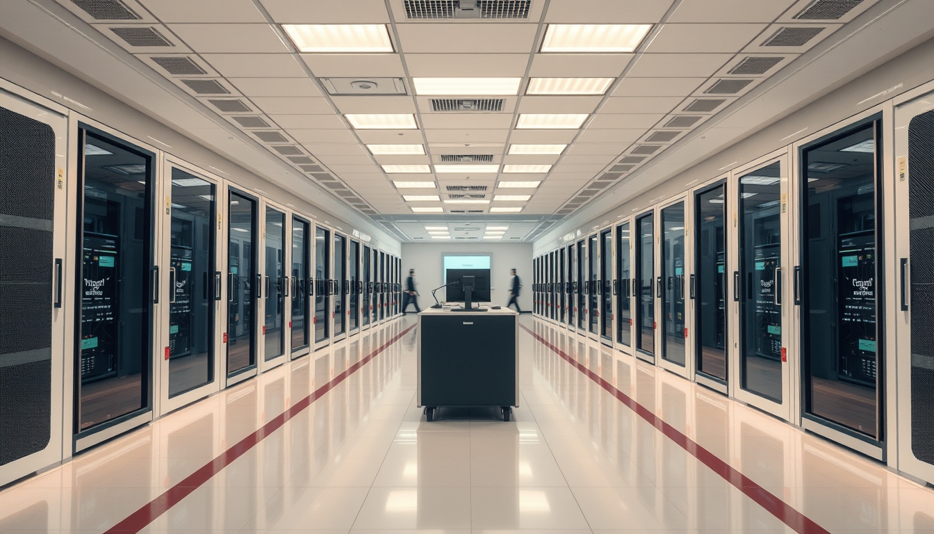 supercomputer hall in editorial style