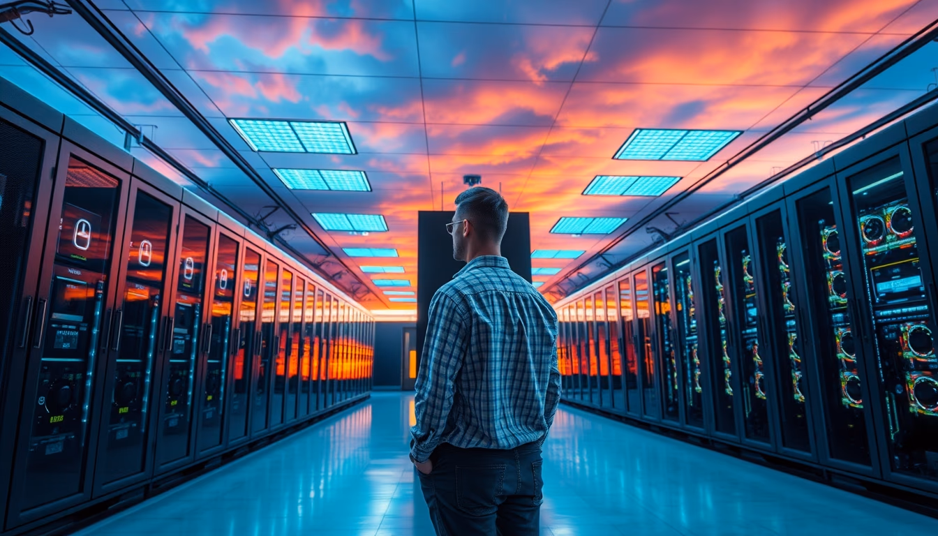 supercomputer hall in editorial style