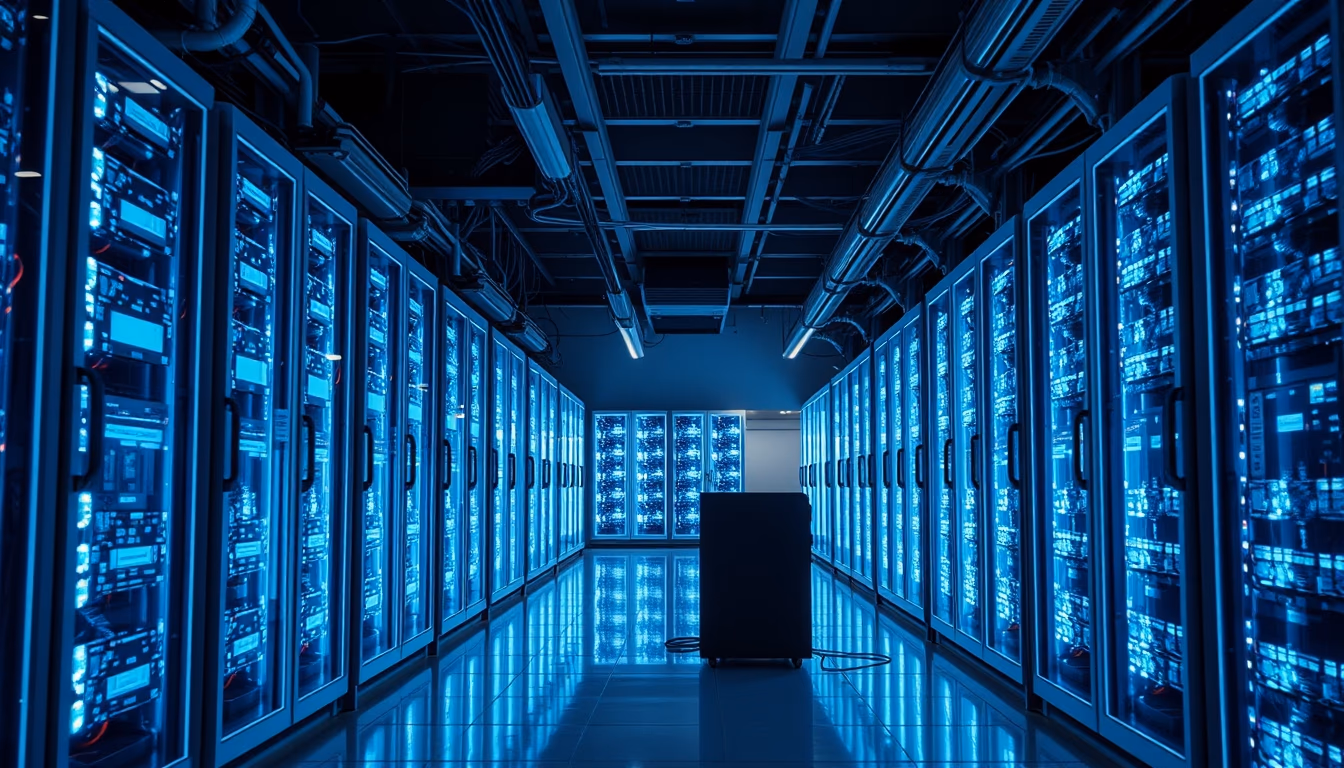 supercomputer hall in editorial style