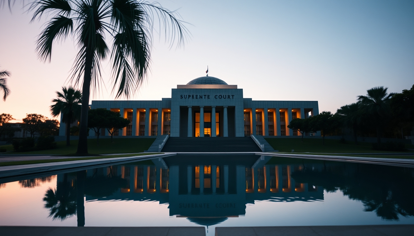 Brazilian Supreme Court modernist exterior with reflecting pool in editorial style