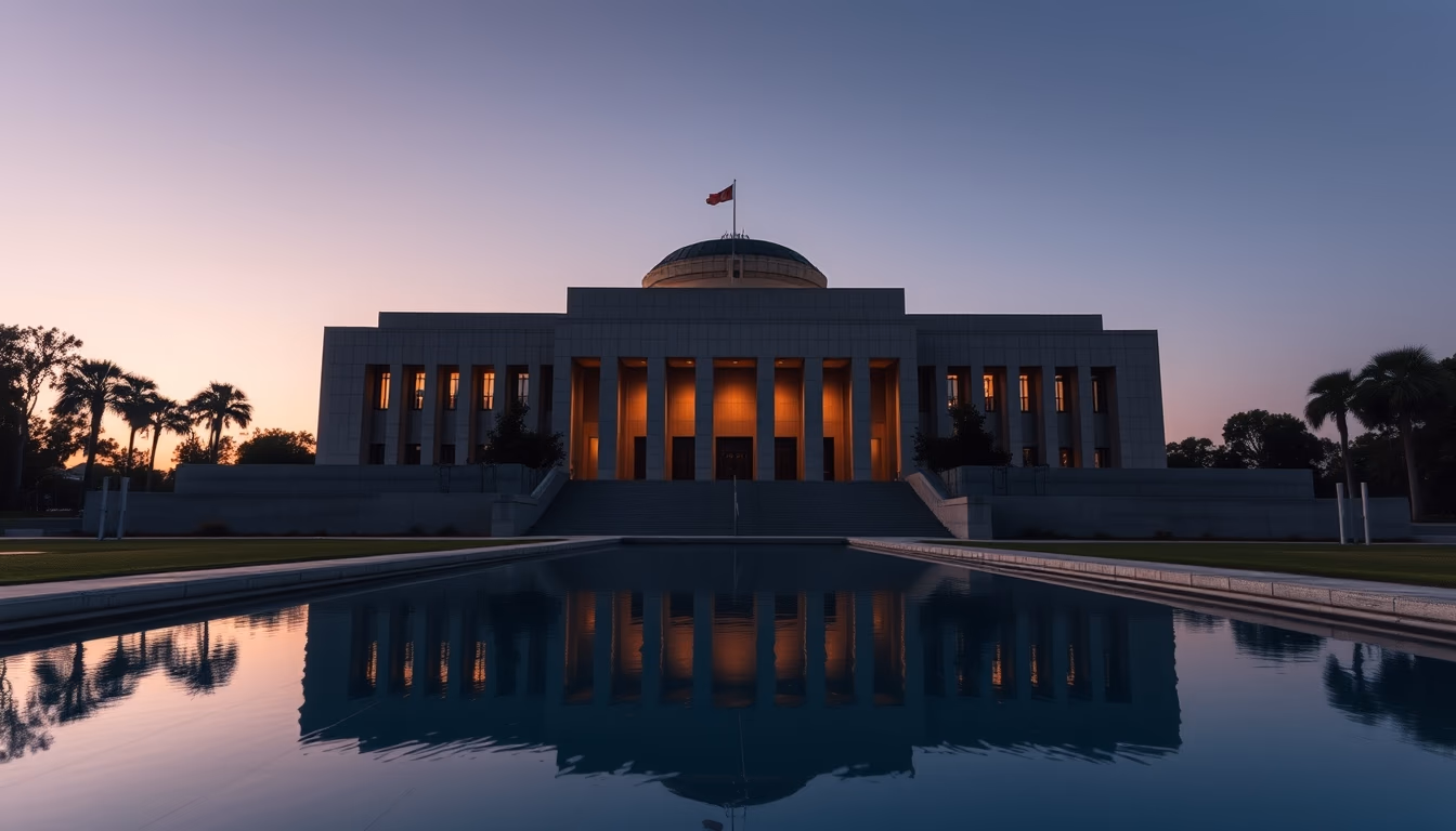 Brazilian Supreme Court modernist exterior with reflecting pool in editorial style