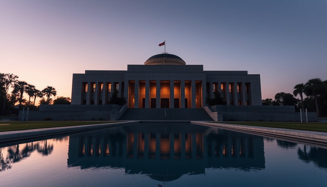 Brazilian Supreme Court modernist exterior with reflecting pool in editorial style