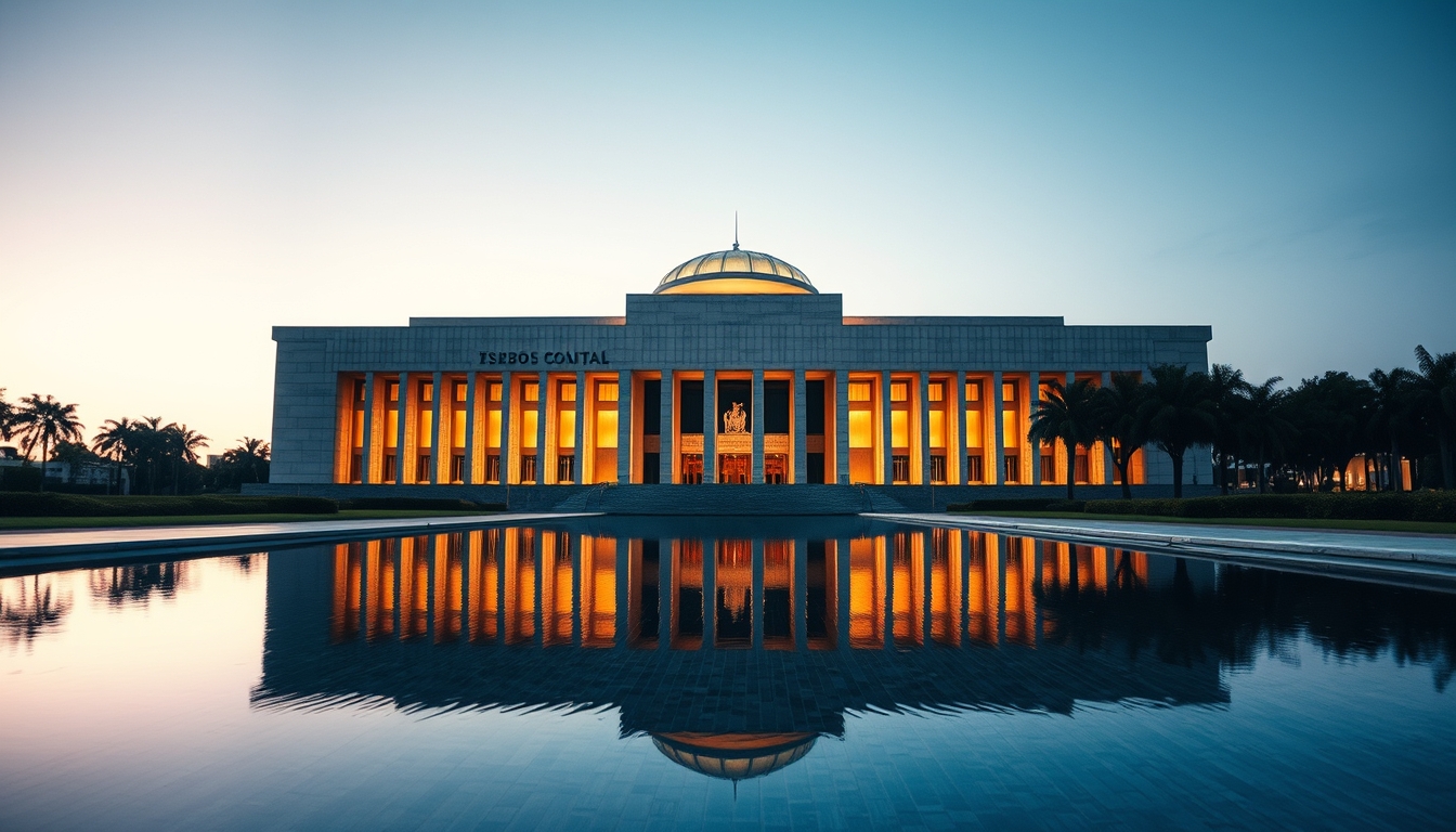 Brazilian Supreme Court modernist exterior with reflecting pool in editorial style