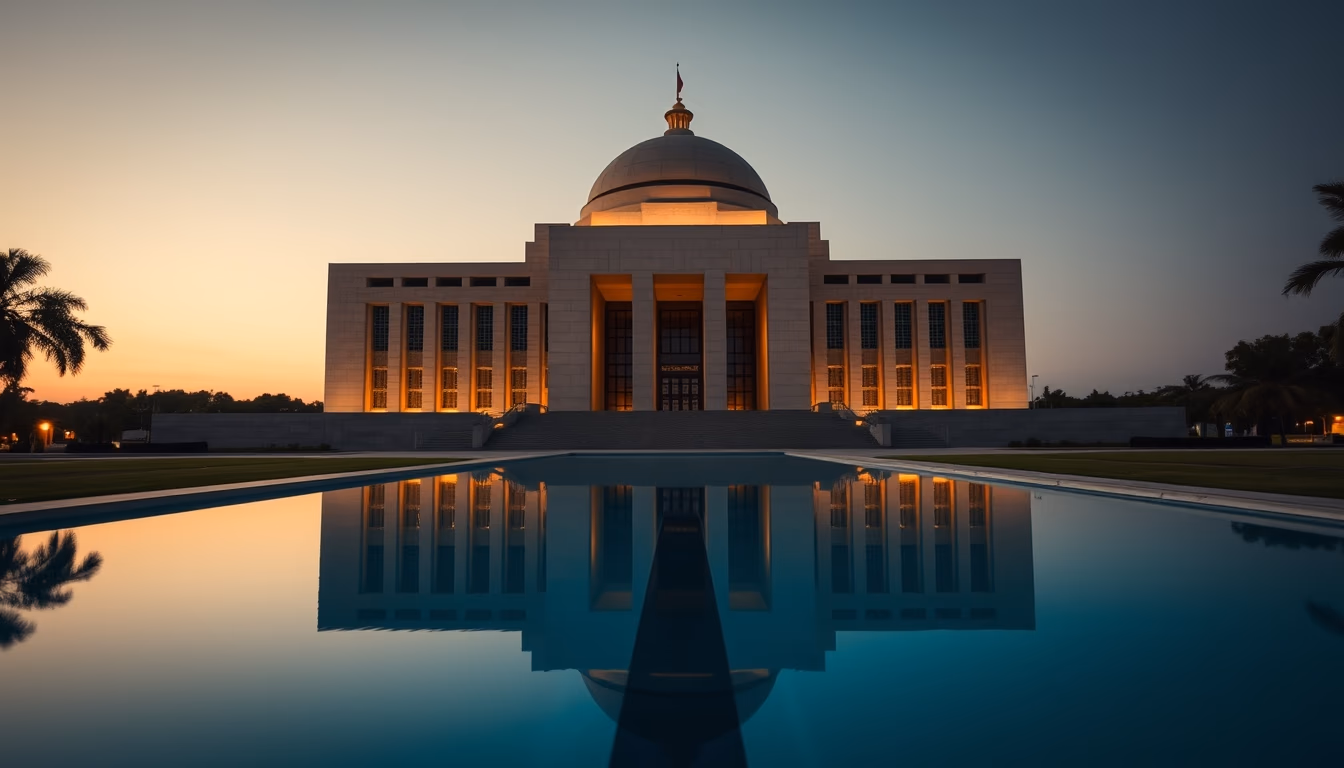 Brazilian Supreme Court modernist exterior with reflecting pool in editorial style
