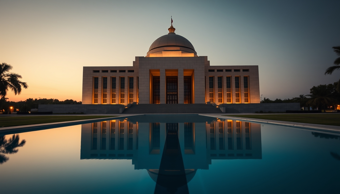 Brazilian Supreme Court modernist exterior with reflecting pool in editorial style