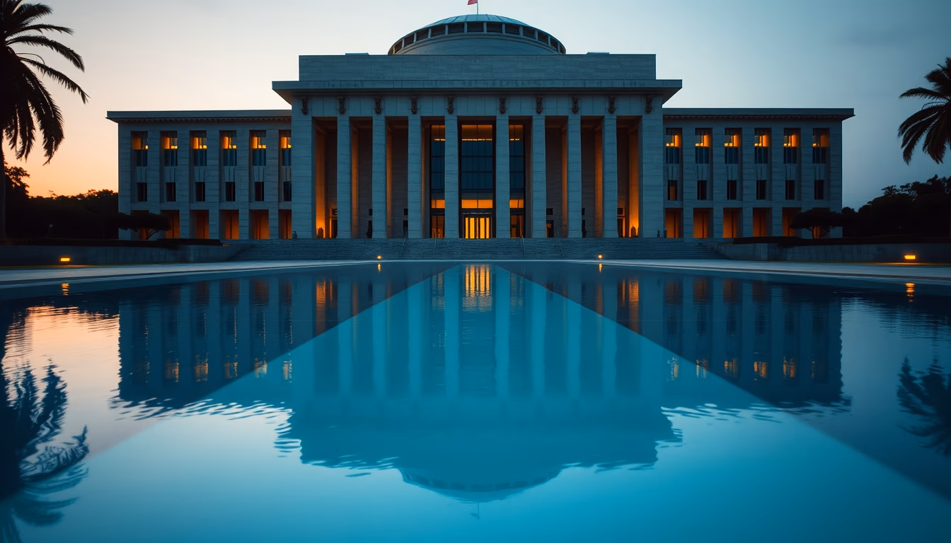 Brazilian Supreme Court modernist exterior with reflecting pool in editorial style