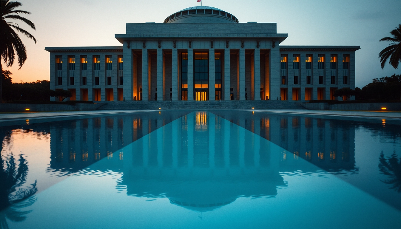 Brazilian Supreme Court modernist exterior with reflecting pool in editorial style