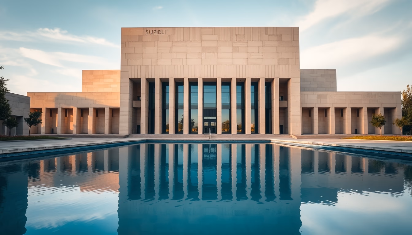 Brazilian Supreme Court modernist exterior with reflecting pool in editorial style