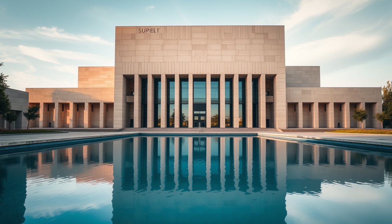 Brazilian Supreme Court modernist exterior with reflecting pool in editorial style