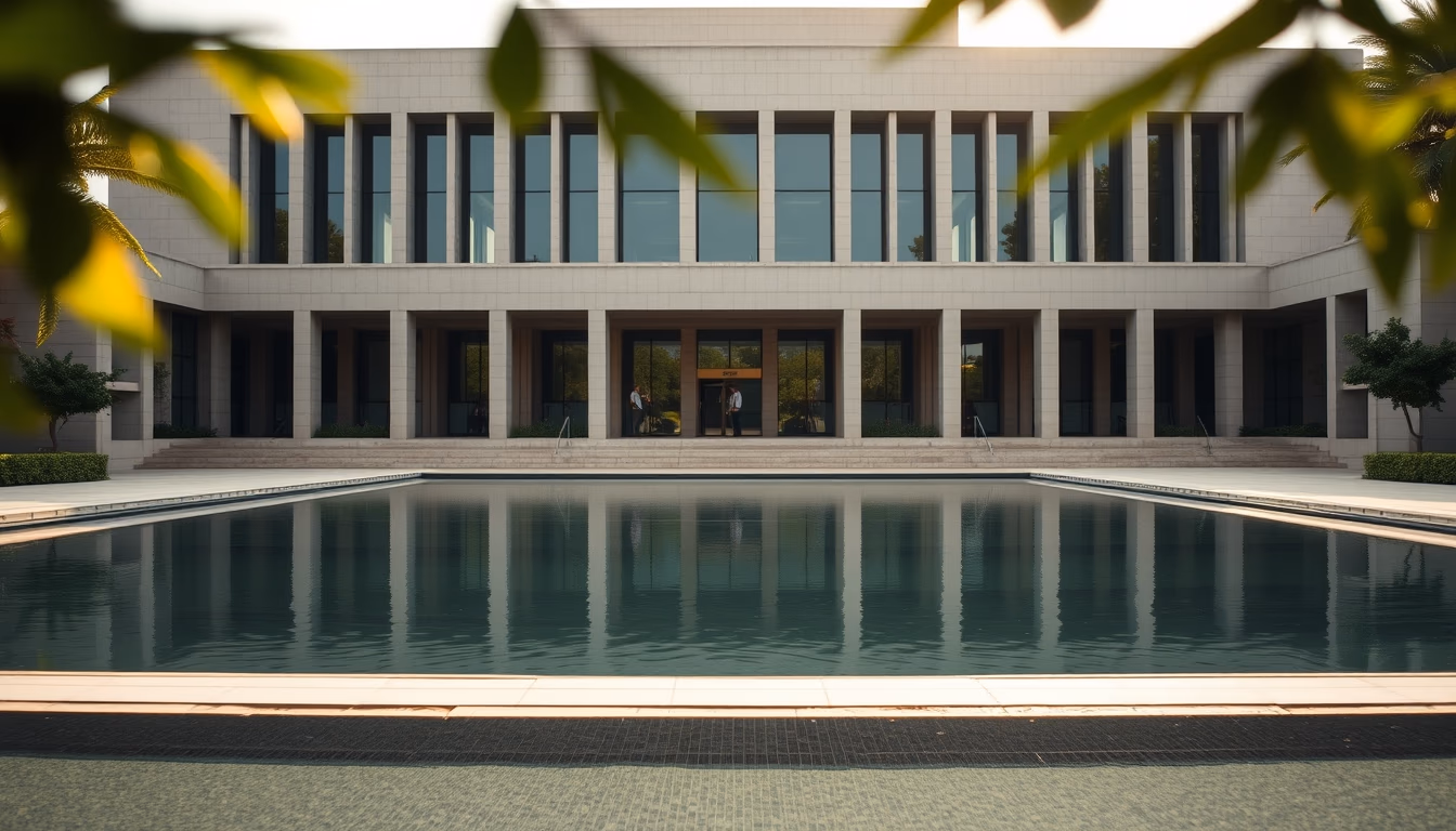 Brazilian Supreme Court modernist exterior with reflecting pool in editorial style