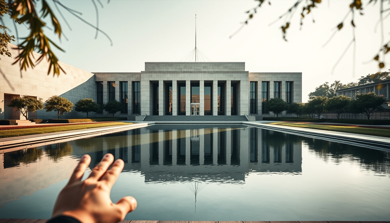 Brazilian Supreme Court modernist exterior with reflecting pool in editorial style