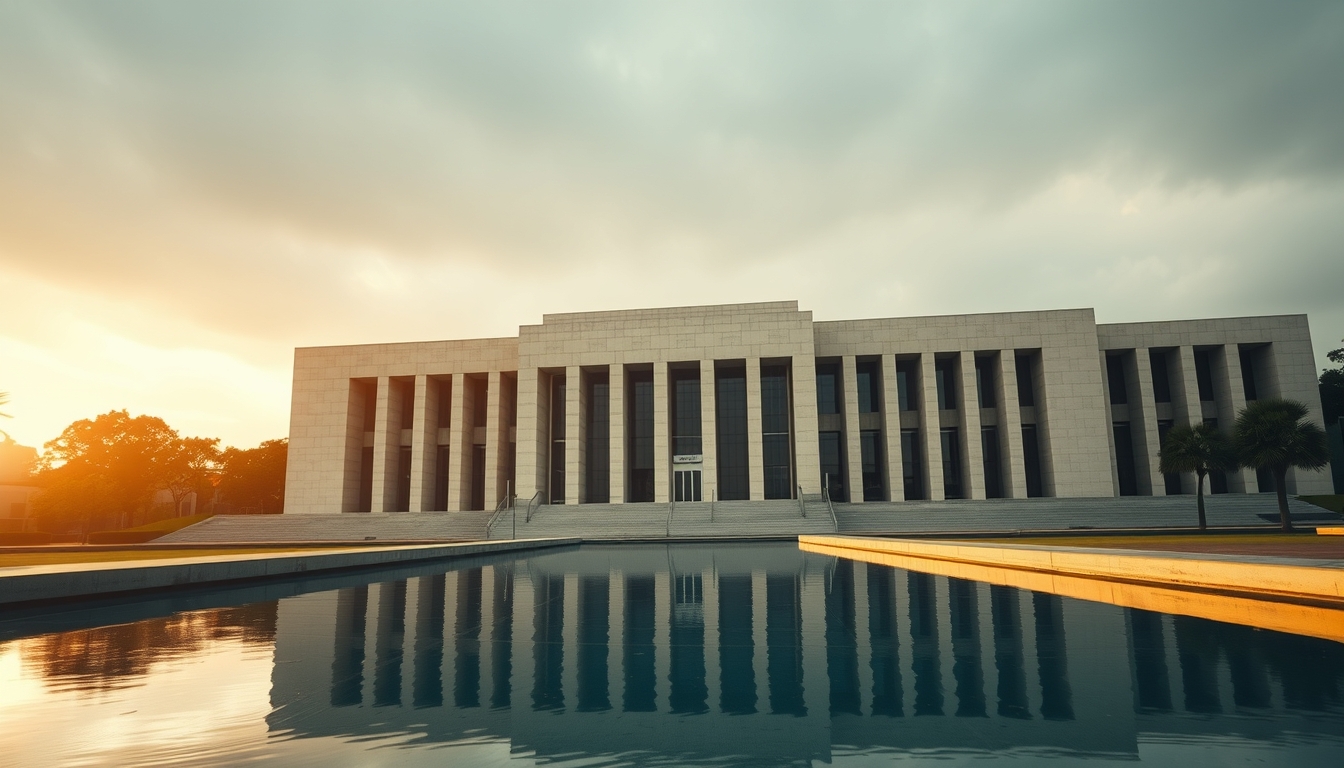 Brazilian Supreme Court modernist exterior with reflecting pool in editorial style