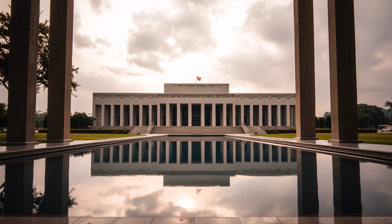 Brazilian Supreme Court modernist exterior with reflecting pool in editorial style
