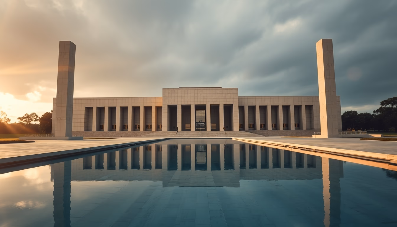 Brazilian Supreme Court modernist exterior with reflecting pool in editorial style