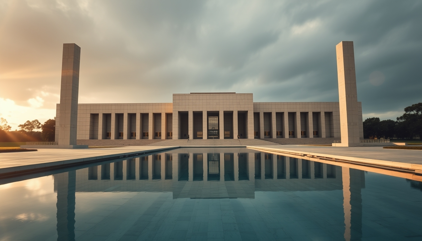Brazilian Supreme Court modernist exterior with reflecting pool in editorial style