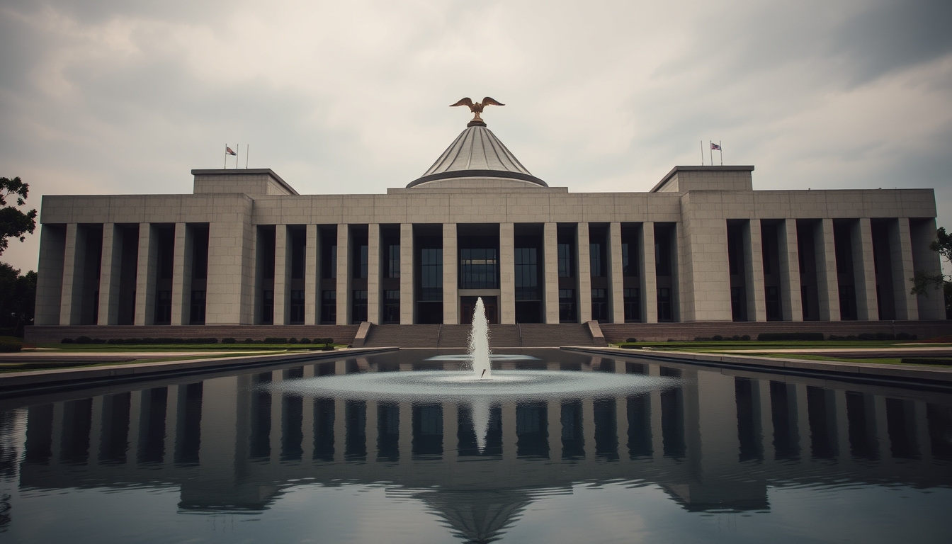 Brazilian Supreme Court modernist exterior with reflecting pool in editorial style