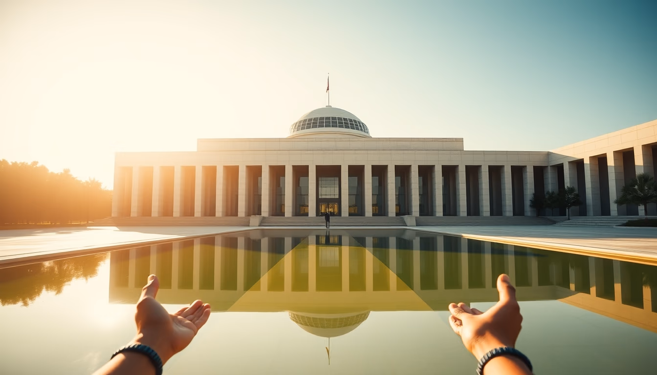Brazilian Supreme Court modernist exterior with reflecting pool in editorial style