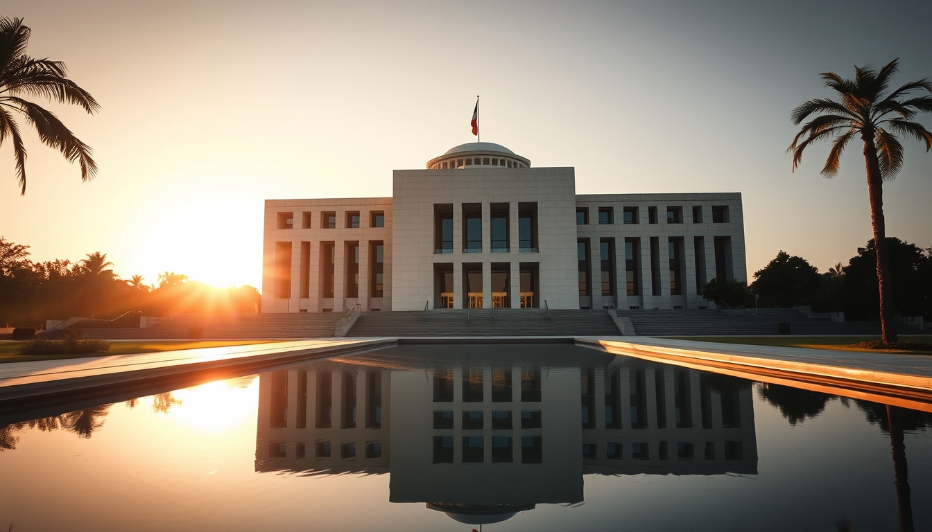 Brazilian Supreme Court modernist exterior with reflecting pool in editorial style