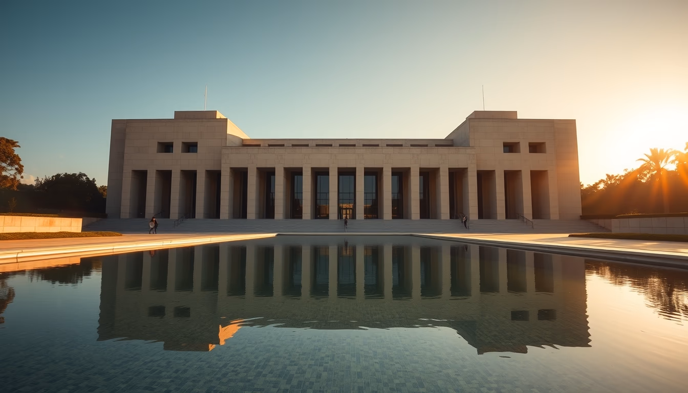 Brazilian Supreme Court modernist exterior with reflecting pool in editorial style