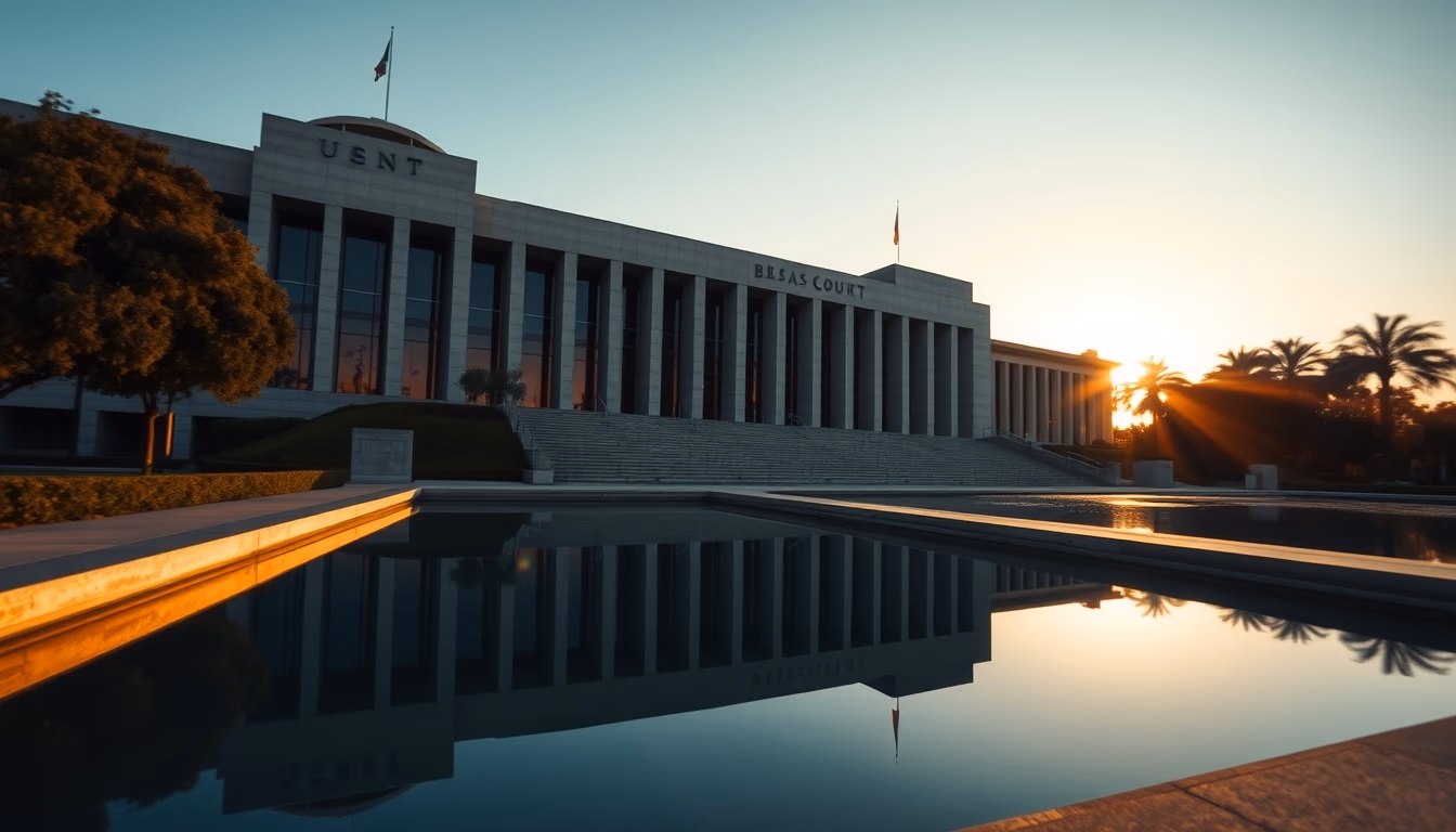 Brazilian Supreme Court modernist exterior with reflecting pool in editorial style
