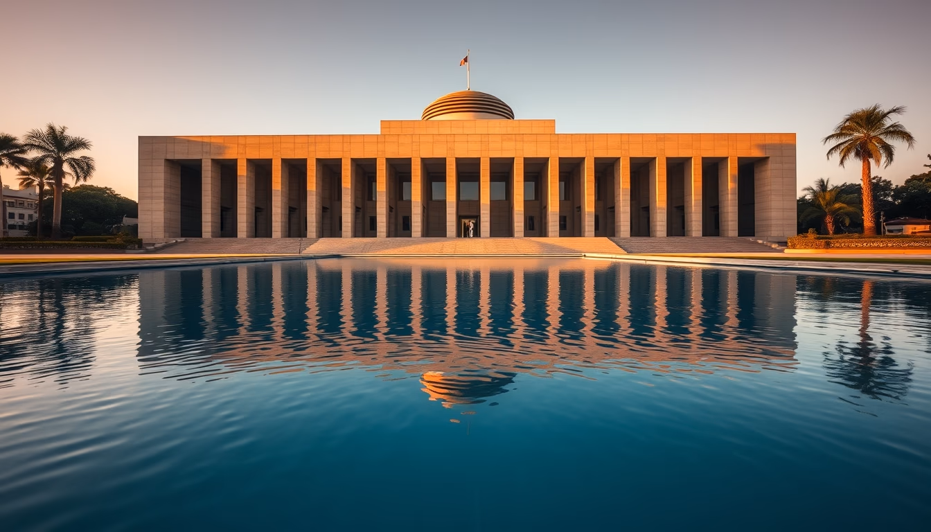 Brazilian Supreme Court modernist exterior with reflecting pool in editorial style