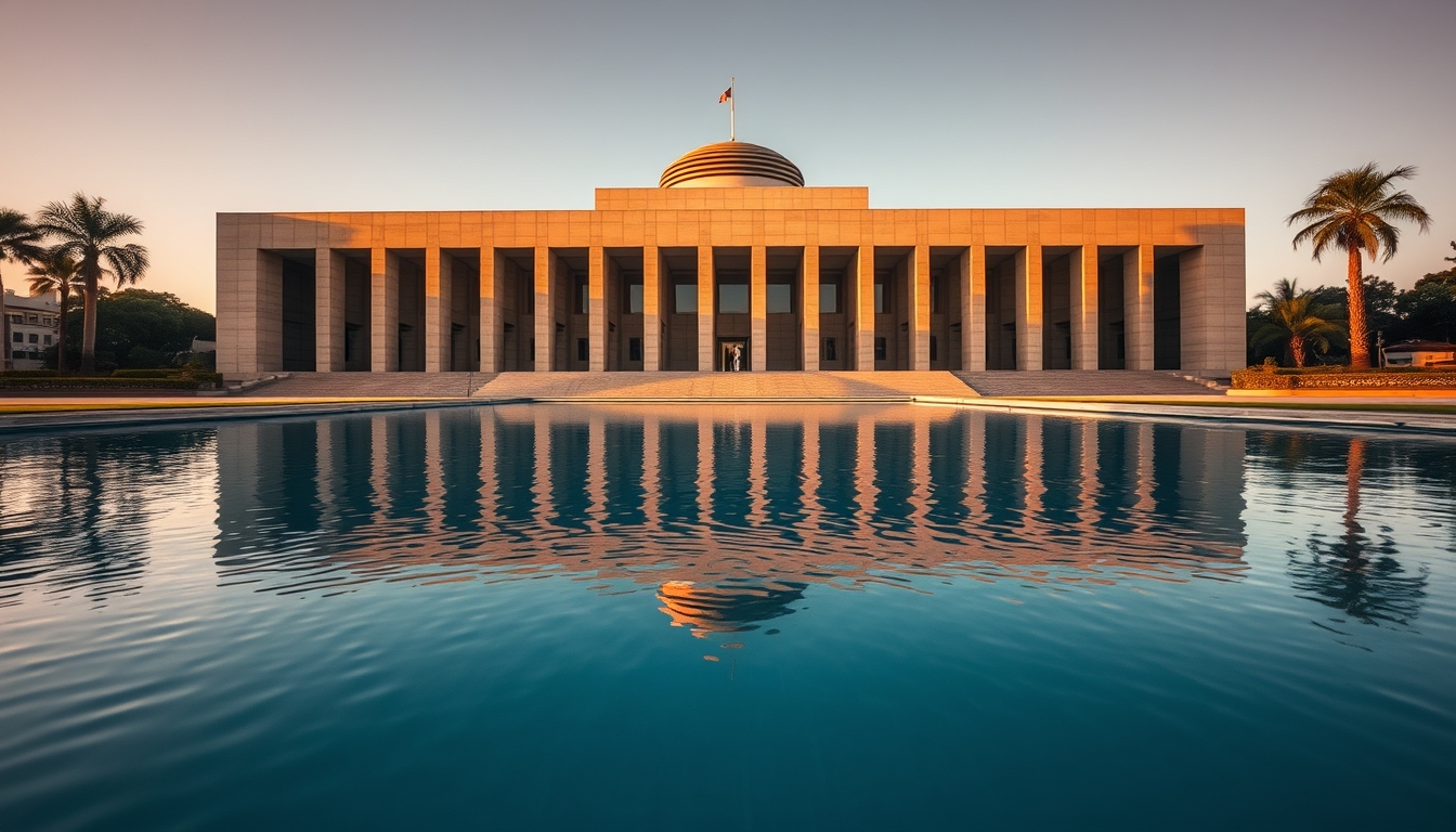 Brazilian Supreme Court modernist exterior with reflecting pool in editorial style