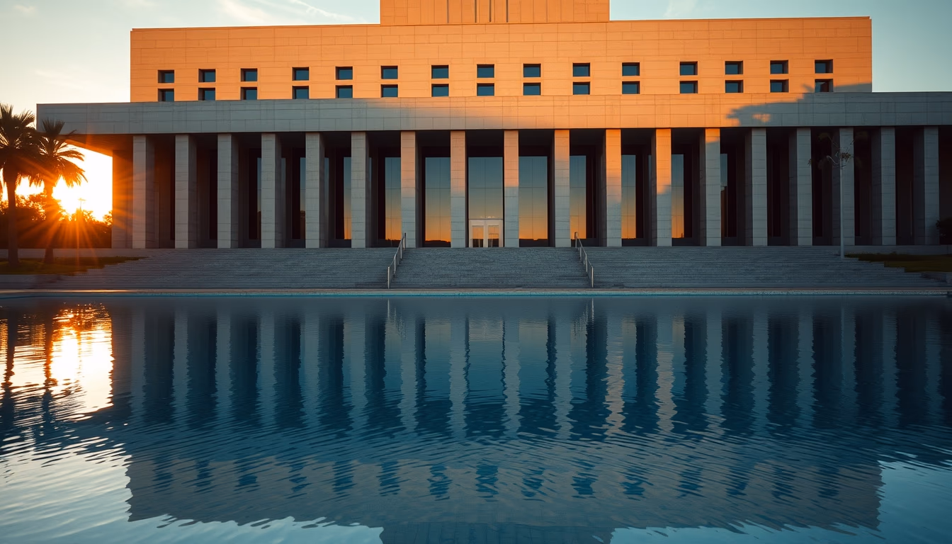 Brazilian Supreme Court modernist exterior with reflecting pool in editorial style