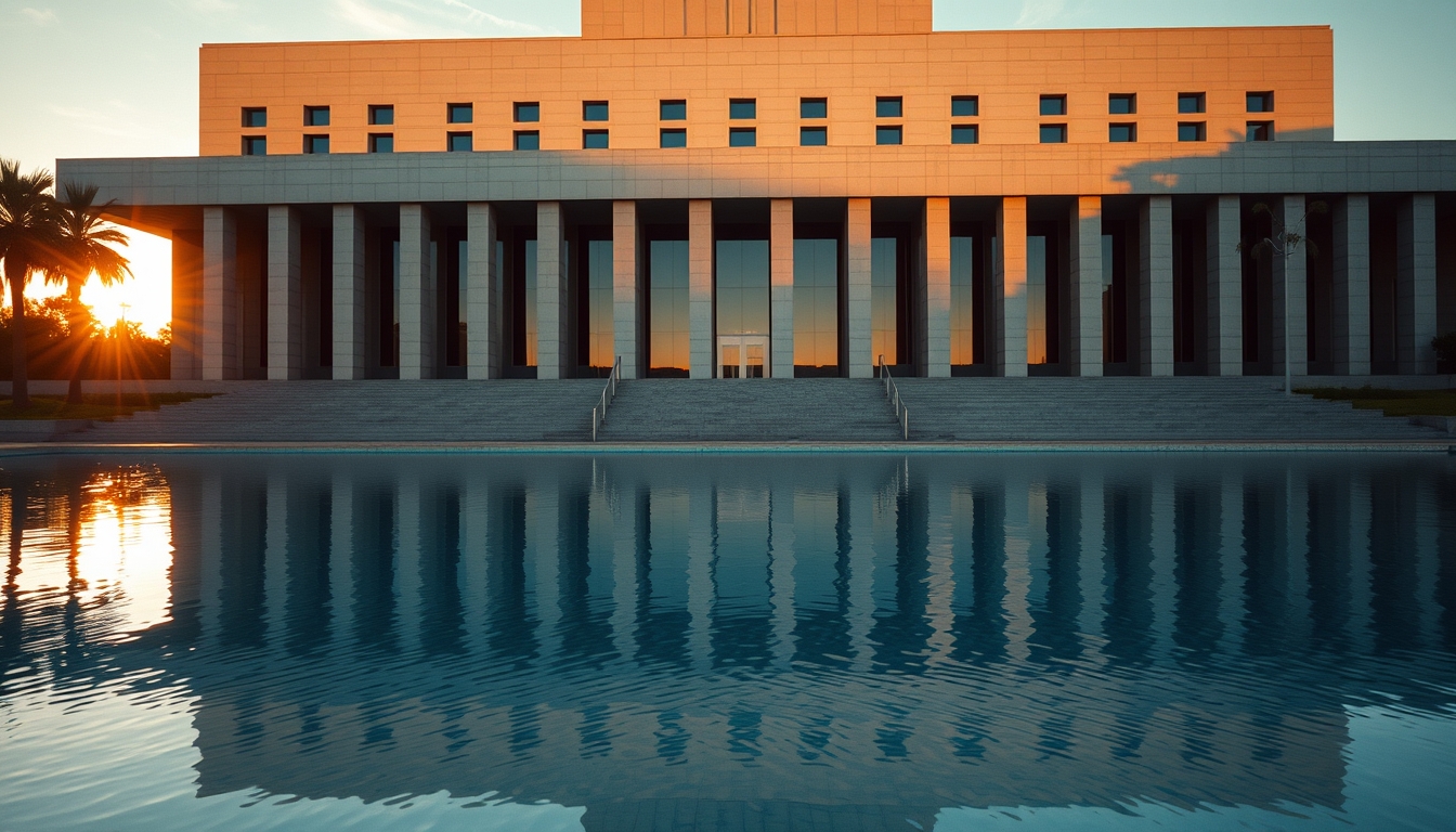 Brazilian Supreme Court modernist exterior with reflecting pool in editorial style