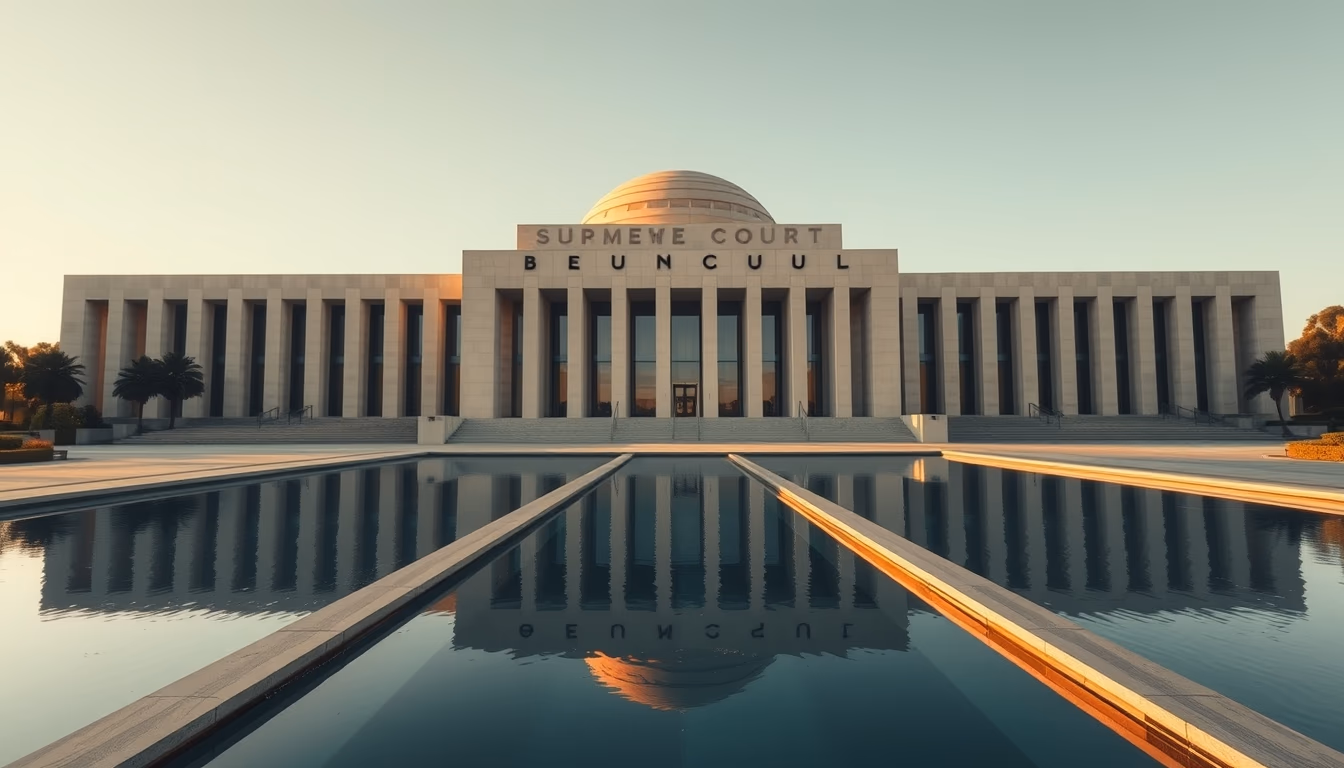 Brazilian Supreme Court modernist exterior with reflecting pool in editorial style