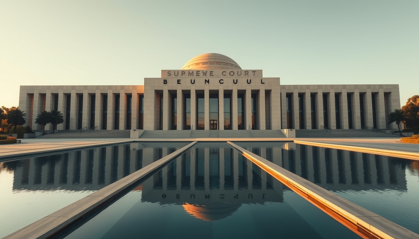 Brazilian Supreme Court modernist exterior with reflecting pool in editorial style