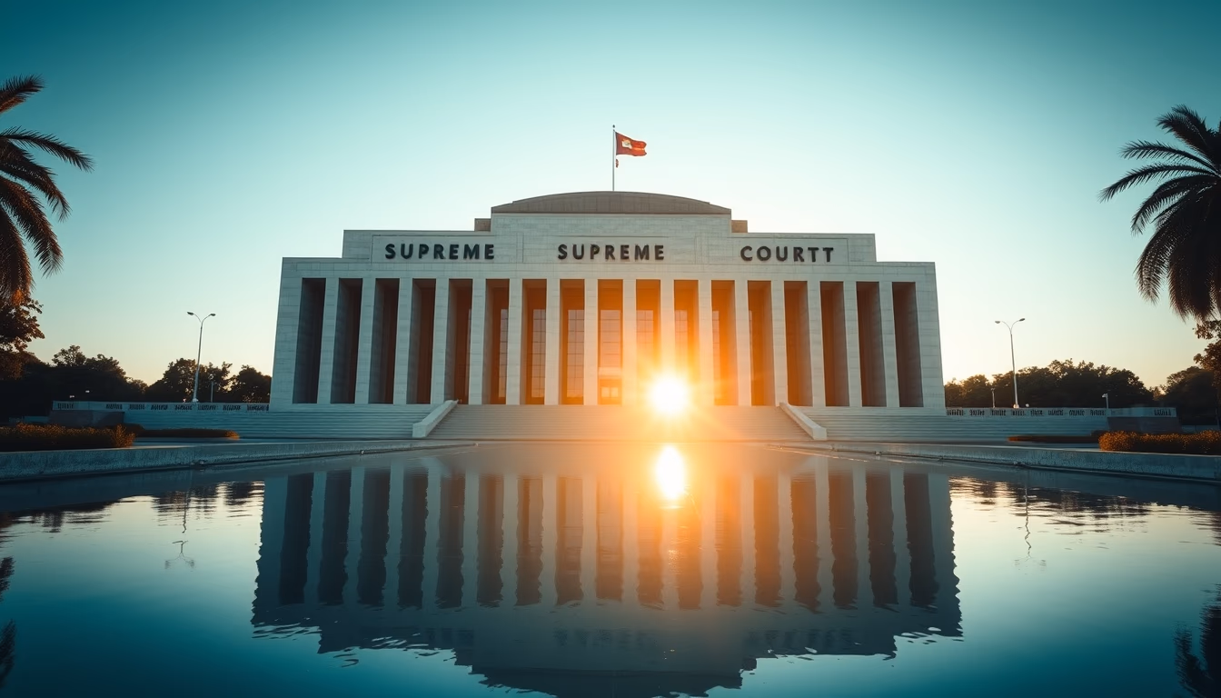 Brazilian Supreme Court modernist exterior with reflecting pool in editorial style