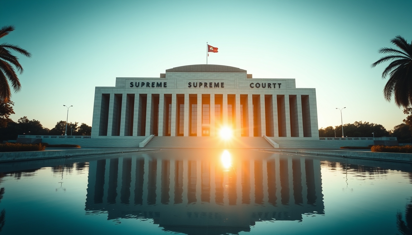 Brazilian Supreme Court modernist exterior with reflecting pool in editorial style