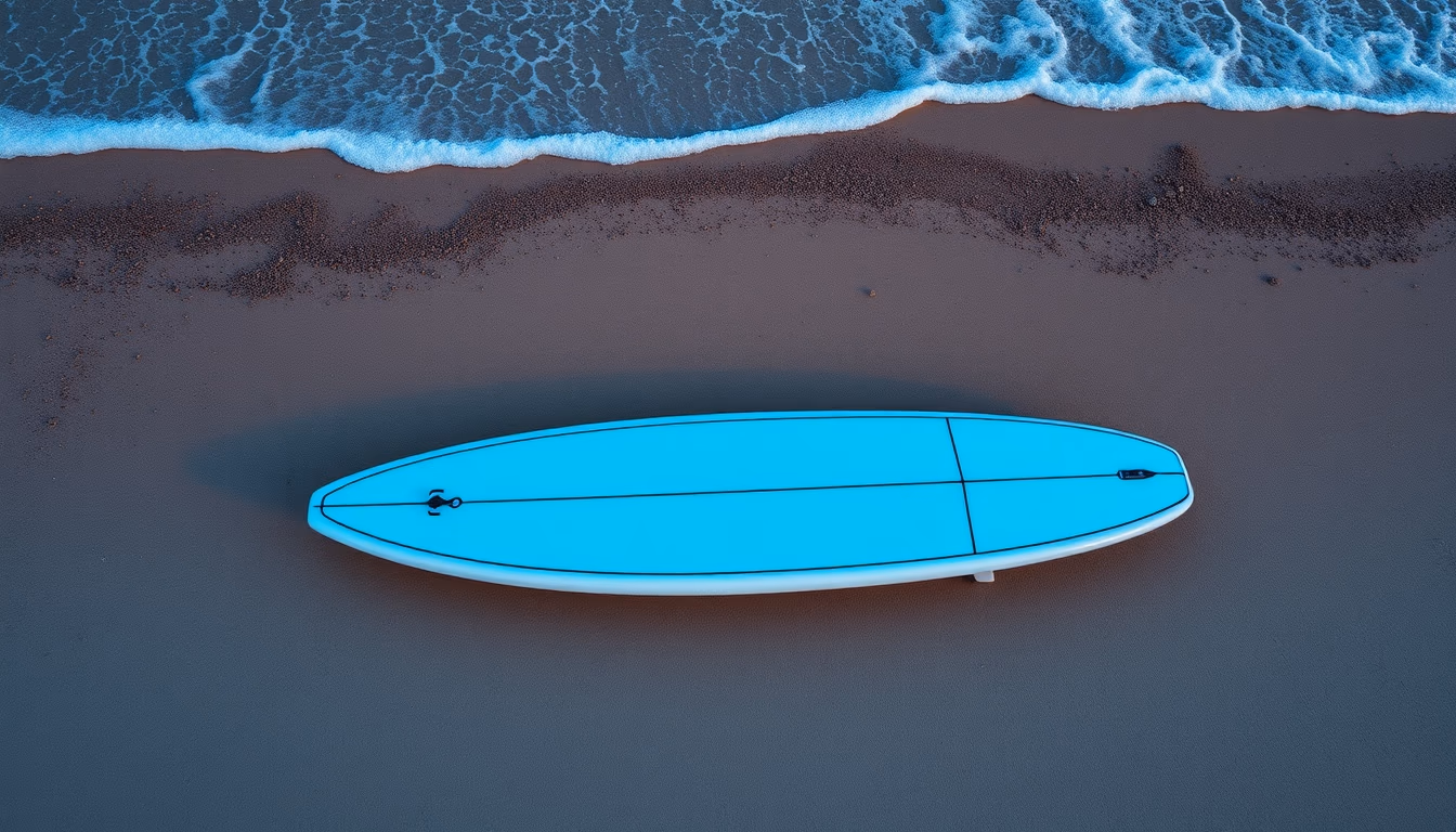 surfboard on beach in editorial style
