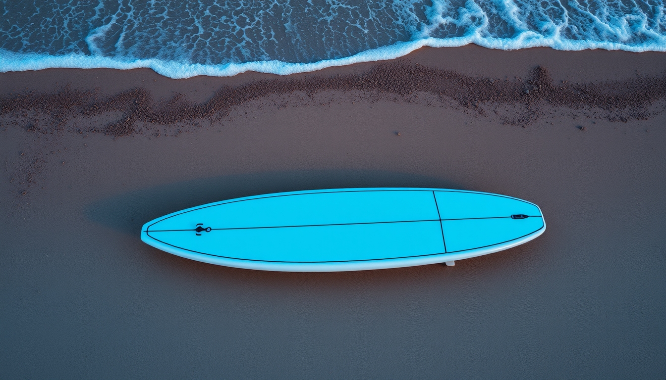 surfboard on beach in editorial style