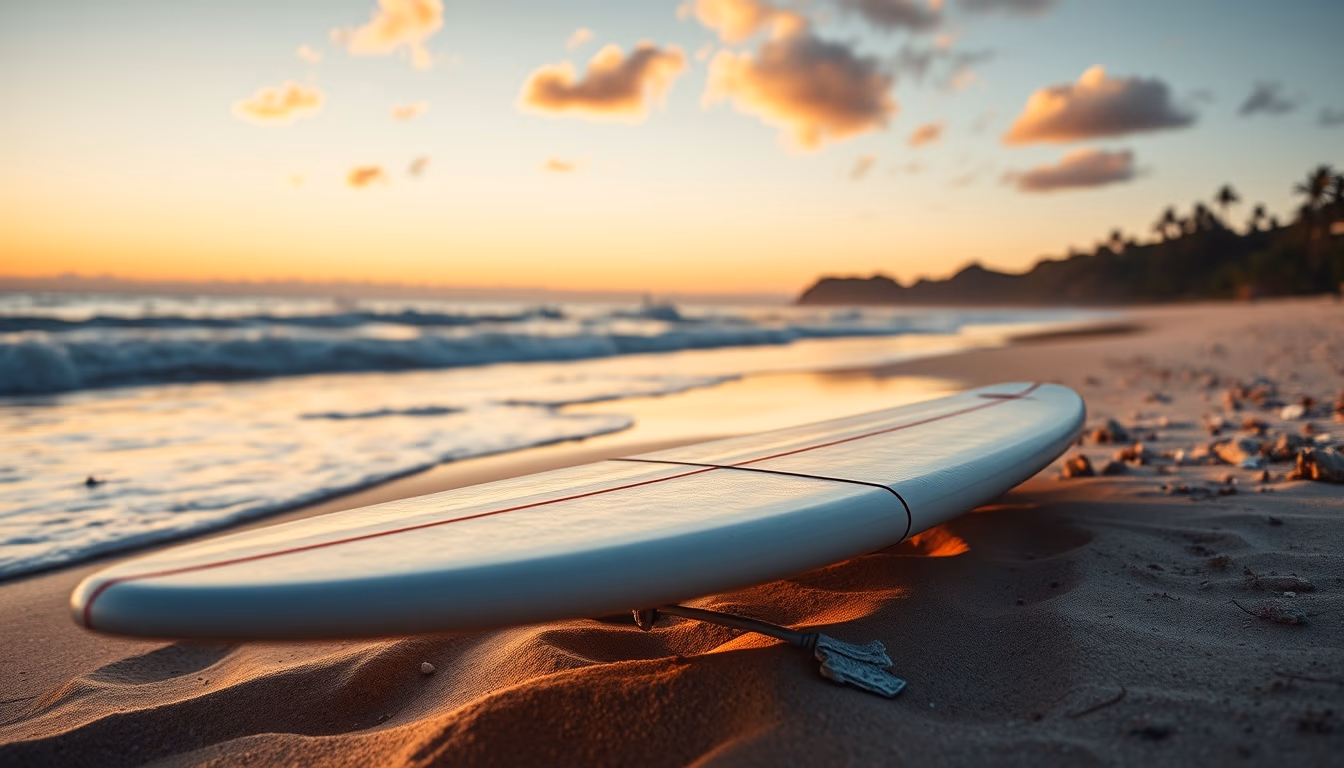 surfboard on beach in editorial style