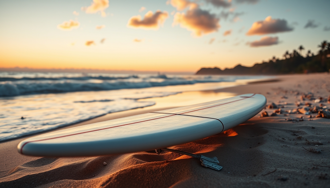 surfboard on beach in editorial style