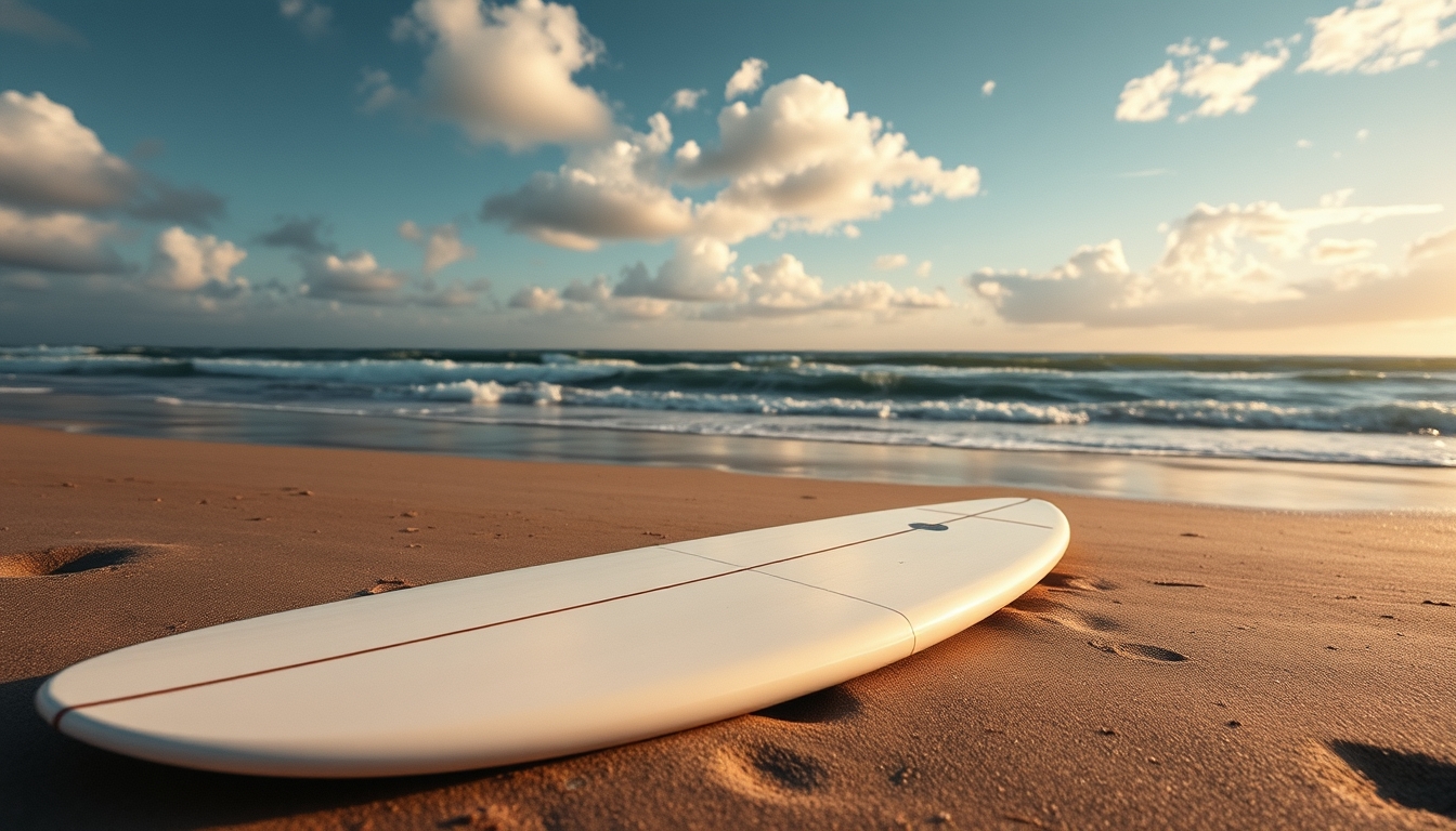 surfboard on beach in editorial style