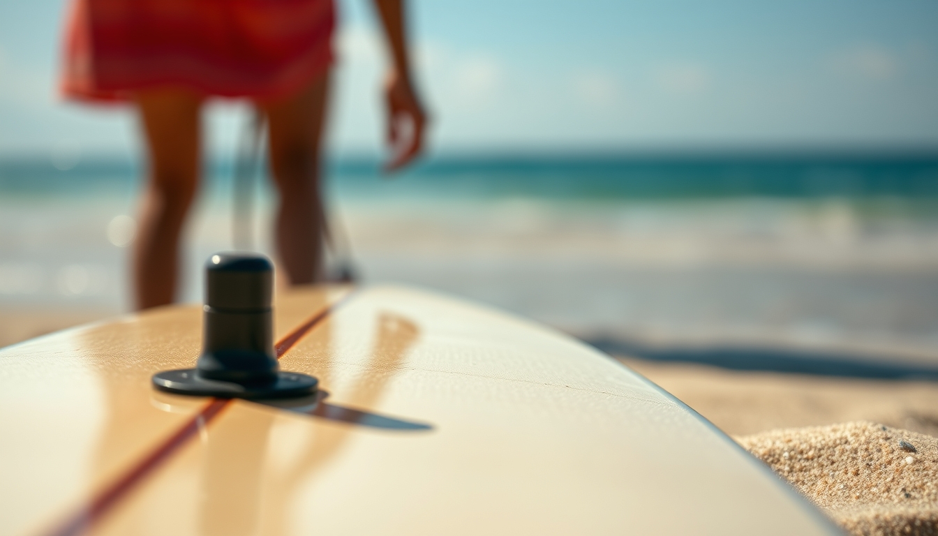 surfboard on beach in editorial style