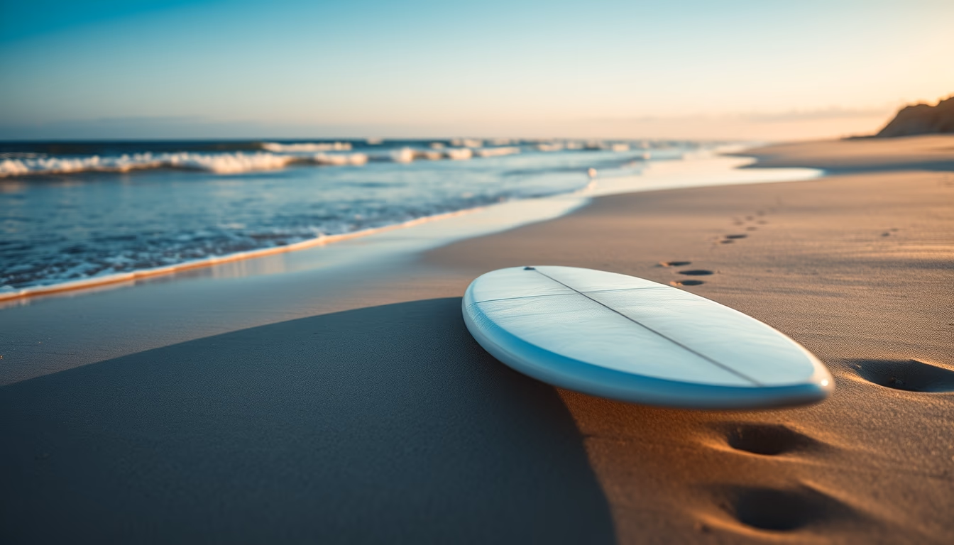 surfboard on beach in editorial style