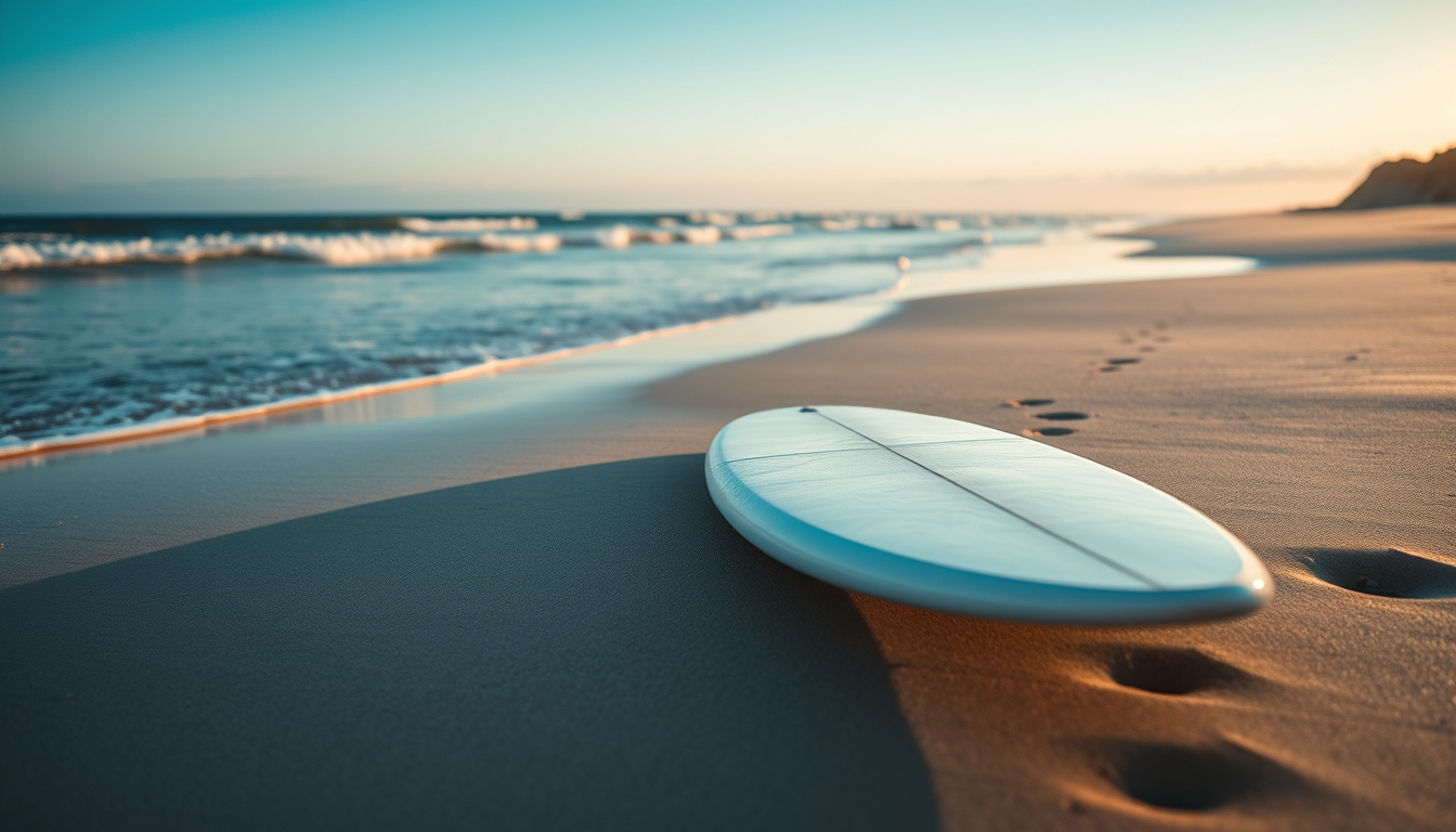 surfboard on beach in editorial style