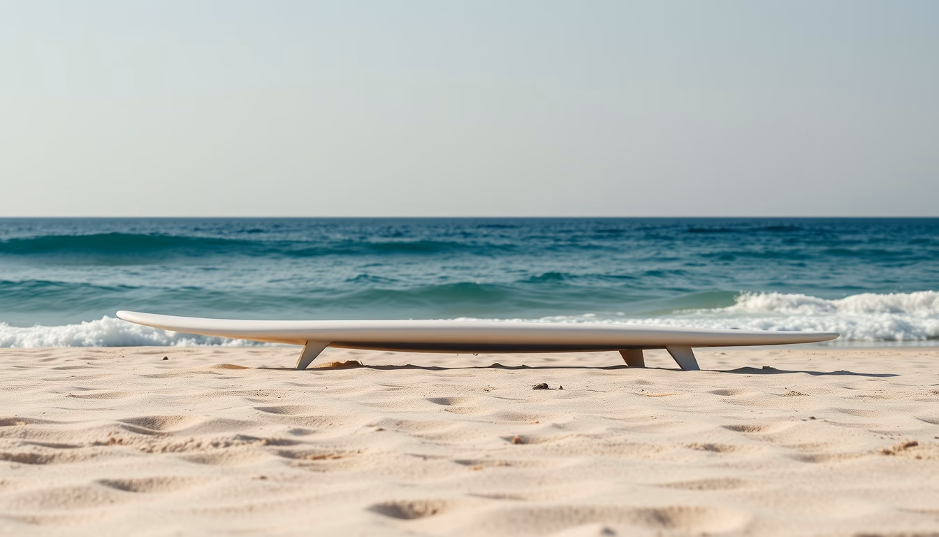 Surfboard on beach em estilo editorial