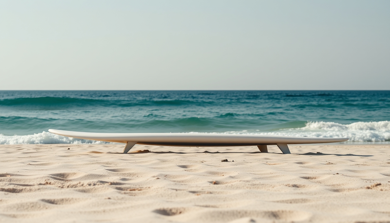 surfboard on beach in editorial style