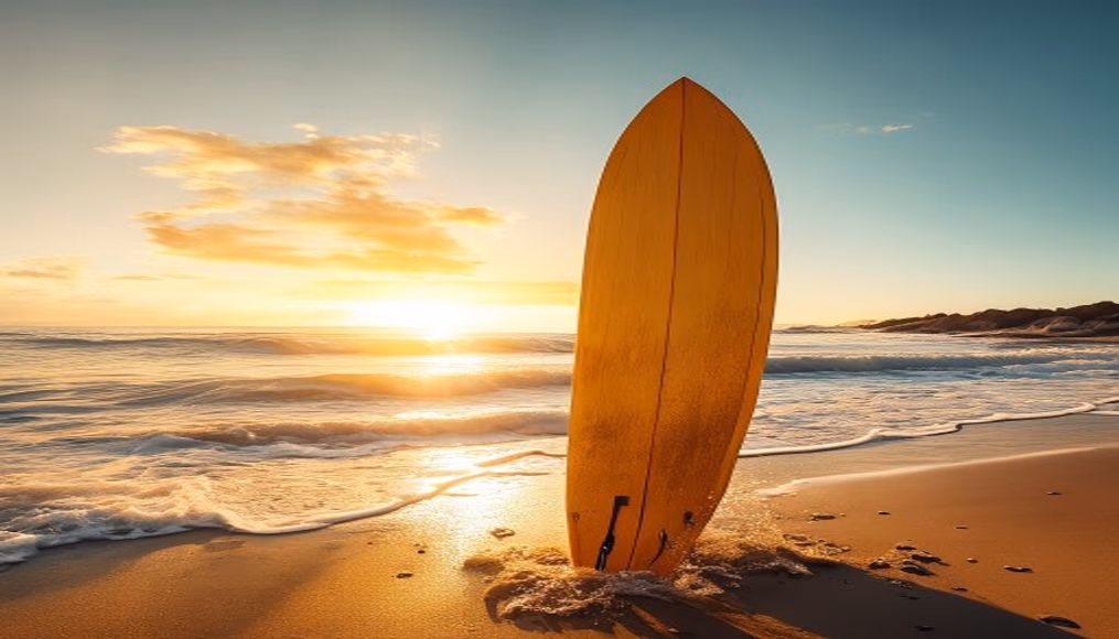 surfboard on beach in editorial style
