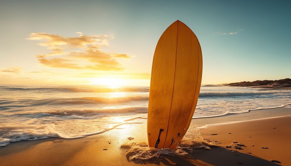 Surfboard on beach em estilo editorial