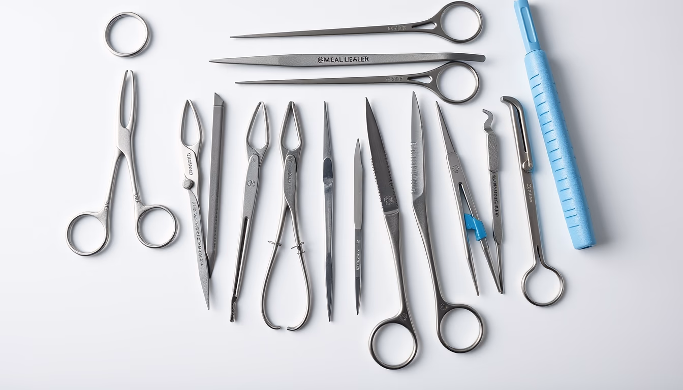 surgical instruments laid out sterile in editorial style
